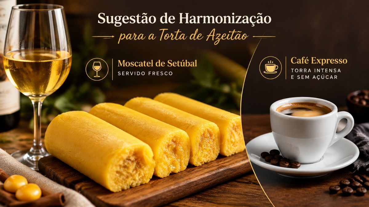 Infográfico com fatias de torta de Azeitão servidas numa tábua de madeira acompanhadas por um copo de vinho Moscatel de Setúbal fresco e uma chávena de café expresso.