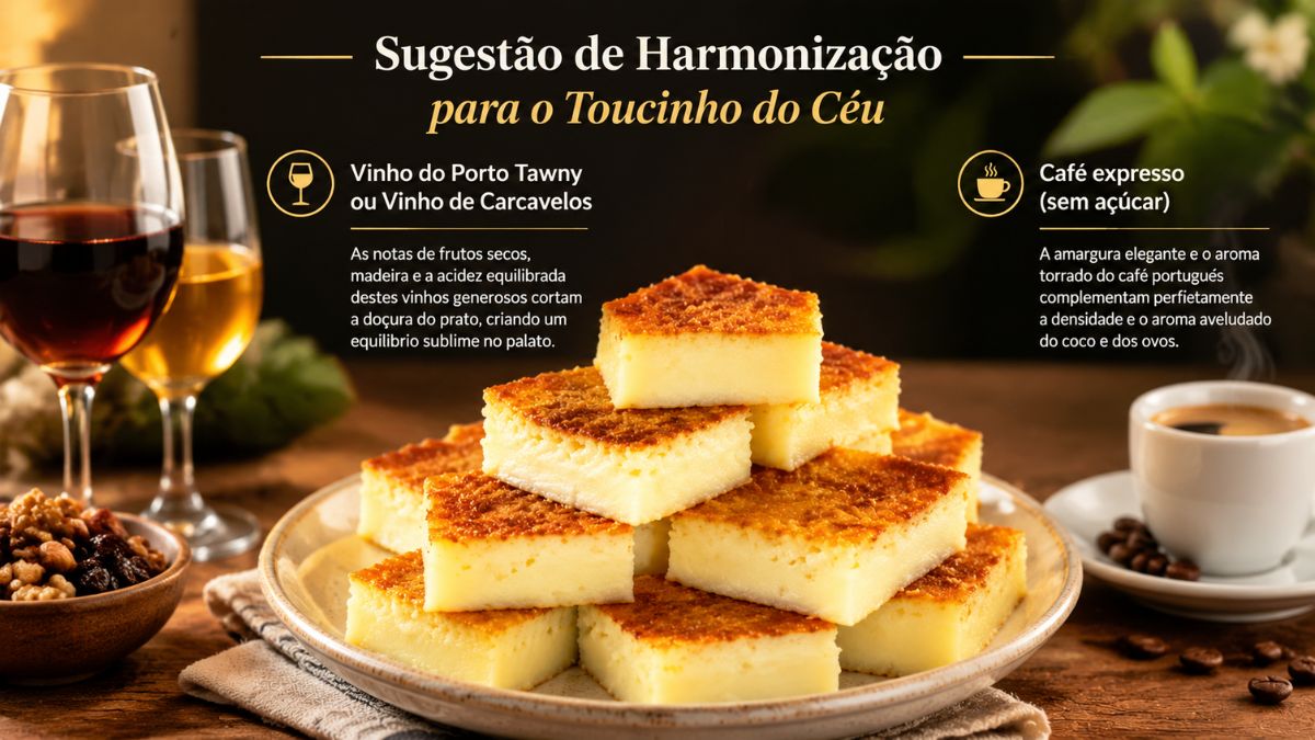 Infográfico com sugestões de harmonização para o Toucinho do Céu incluindo Vinho do Porto, Vinho de Carcavelos e café expresso.