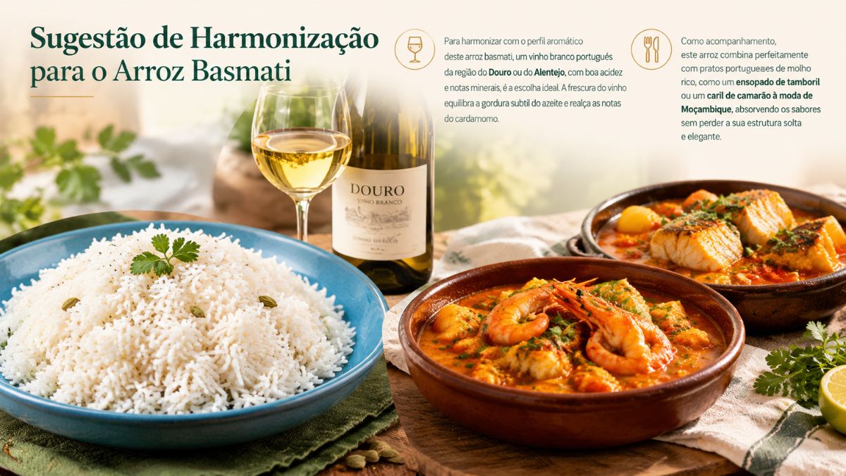 Prato de arroz basmati solto ao lado de garrafa de vinho branco do Douro e pratos tradicionais de peixe com molho rico.