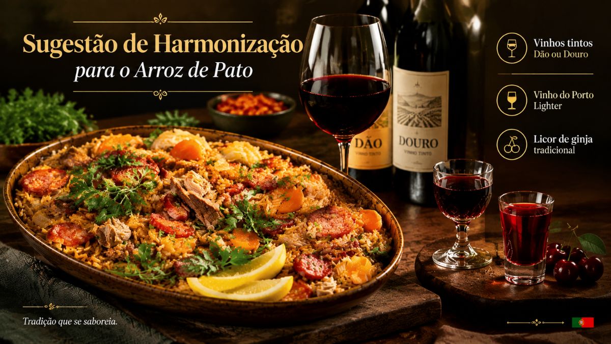 Infográfico gastronómico com travessa de arroz de pato acompanhada por garrafas de vinho tinto Dão e Douro, copo de vinho do Porto e cálice de licor de ginja.