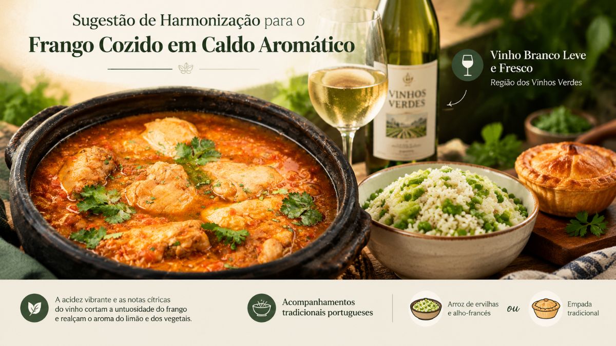 Uma refeição de frango cozido em caldo aromático com vinho branco leve da Região dos Vinhos Verdes, arroz de ervilhas e uma empada.