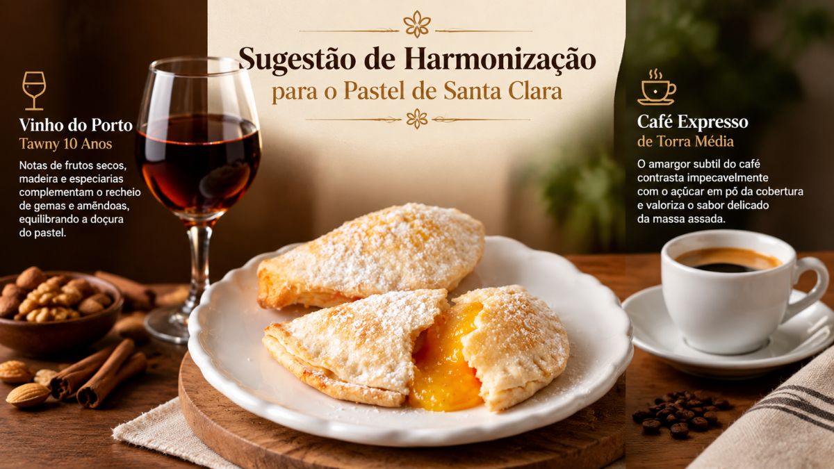 Infográfico com sugestão de harmonização para o Pastel de Santa Clara, mostrando um prato com dois pastéis conventuais polvilhados com açúcar em pó ao centro, um copo de Vinho do Porto Tawny dez anos à esquerda e uma chávena de café expresso de torra média à direita.