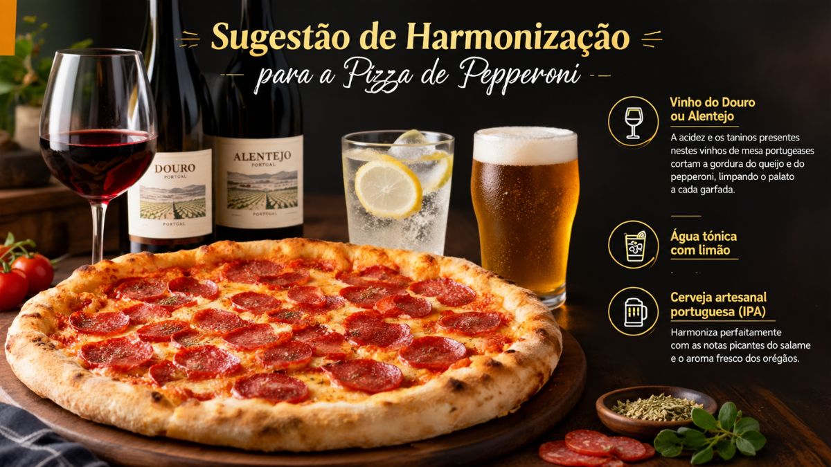 Infográfico ilustrativo com uma pizza de pepperoni em primeiro plano e opções de harmonização com vinhos portugueses do Douro ou Alentejo, água tónica com limão e cerveja artesanal IPA.