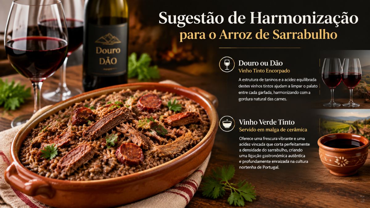 Guia de harmonização para Arroz de sarrabulho acompanhado por garrafa e copos de vinho tinto do Douro ou Dão.