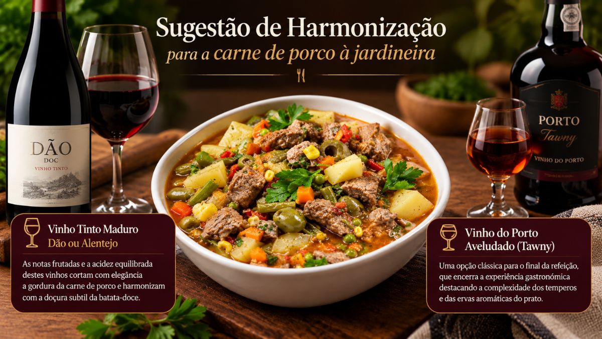 Infografia com sugestão de harmonização para carne de porco à jardineira, mostrando uma garrafa de vinho tinto do Dão e uma garrafa de Vinho do Porto Tawny com os respetivos copos.