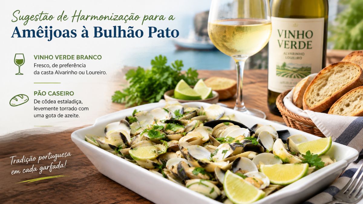 Infográfico com um prato de amêijoas à Bulhão Pato acompanhado por um copo de vinho verde e fatias de pão.