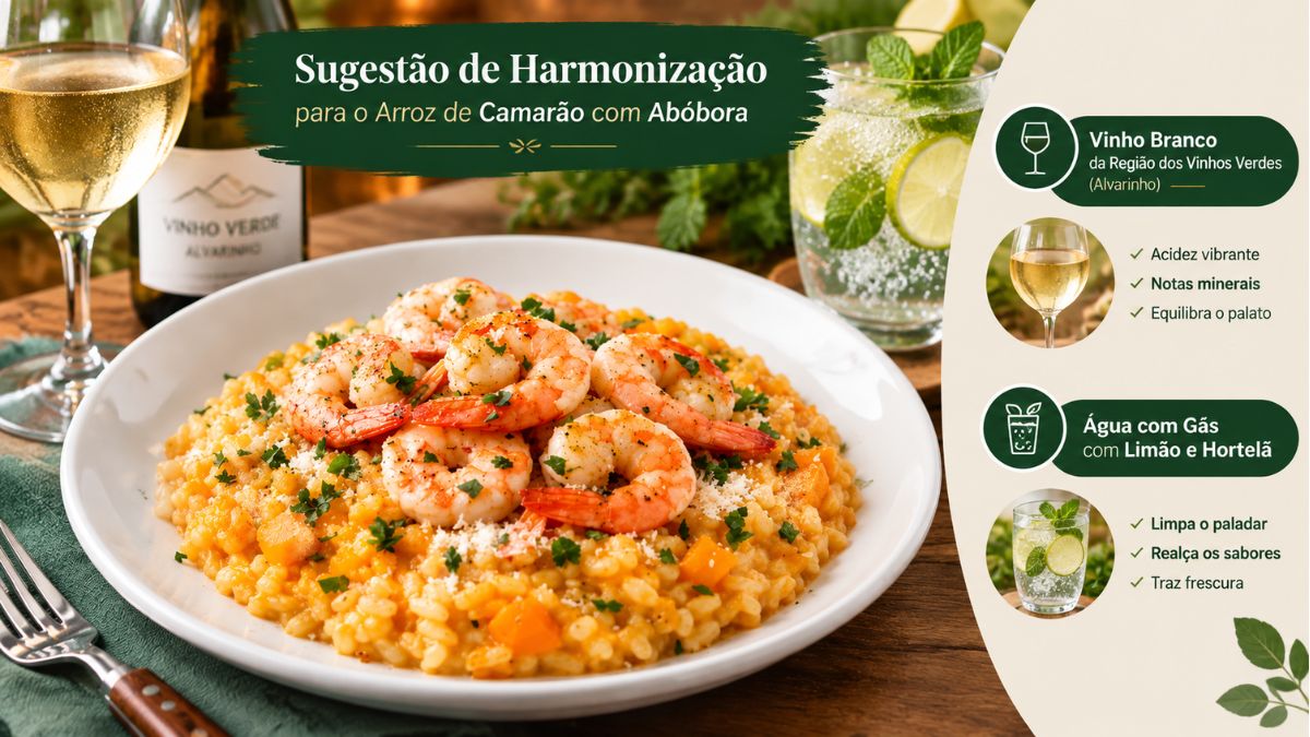 Infográfico culinário mostrando um prato de arroz de camarão com abóbora e sugestões de harmonização com vinho verde Alvarinho e água com gás com limão e hortelã.