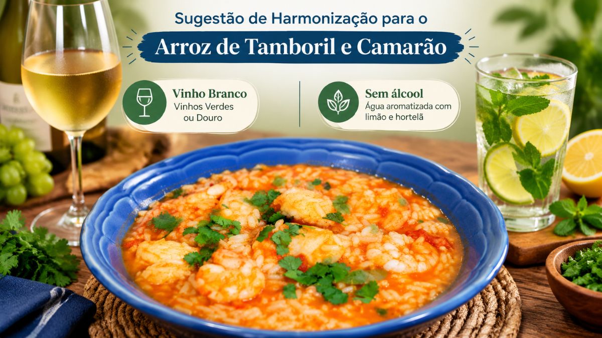 Infográfico com sugestões de harmonização para arroz de tamboril e camarão, destacando vinho branco e água aromatizada com limão e hortelã.