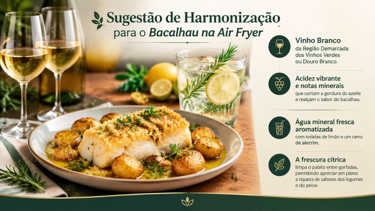 Uma imagem de sugestão de harmonização para bacalhau na Air Fryer com vinho branco da região dos Vinhos Verdes ou Douro e água mineral fresca aromatizada com limão e alecrim.