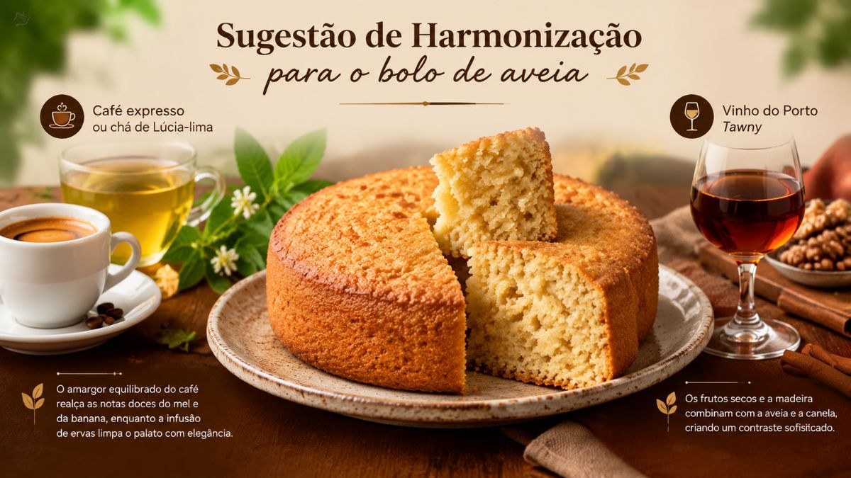 Infográfico com sugestões de harmonização para bolo de aveia mostrando o bolo caseiro ao centro, acompanhado por chá de Lúcia-lima, café expresso e um cálice de vinho do Porto Tawny sobre uma mesa de madeira.