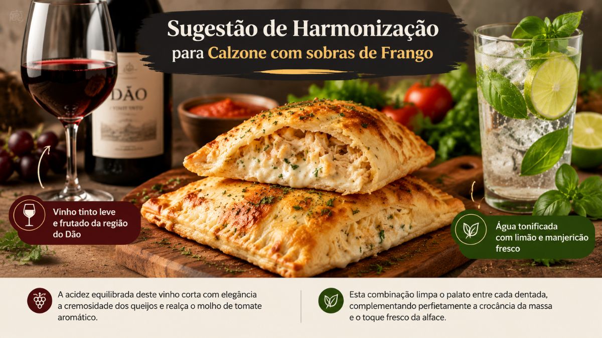 Uma imagem informativa a apresentar sugestões de harmonização para calzone com sobras de frango. Ao centro encontra-se o calzone dourado e recheado sobre uma tábua de madeira. À esquerda destaca-se um copo e uma garrafa de vinho tinto leve e frutado da região do Dão. À direita observa-se um copo de água tonificada com gelo, rodelas de limão e manjericão fresco. A imagem contém notas explicativas sobre como o vinho corta a cremosidade dos queijos e como a água tonificada limpa o palato.