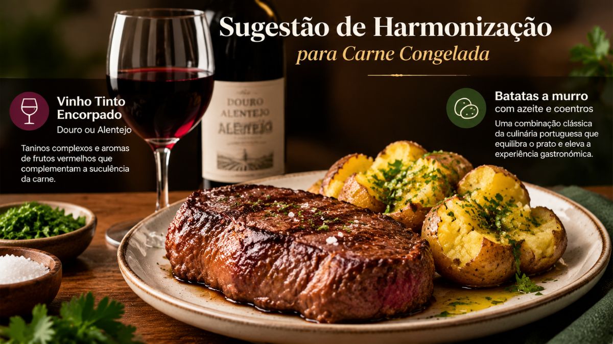 Prato com bife grelhado e batatas a murro servido com taça de vinho tinto do Douro ou Alentejo em ambiente elegante.