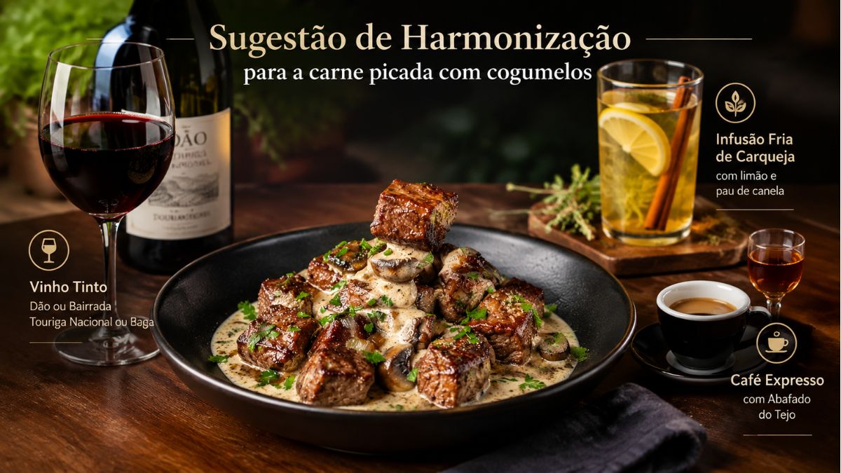 Informativo visual de sugestão de harmonização para carne picada com cogumelos. No centro, sobressai um prato com cubos de carne e cogumelos em molho cremoso. À esquerda, destaca-se um copo de vinho tinto do Dão ou Bairrada. À direita, observa-se um copo de infusão fria de carqueja com limão e pau de canela, além de um café expresso acompanhado por um cálice de Abafado do Tejo.