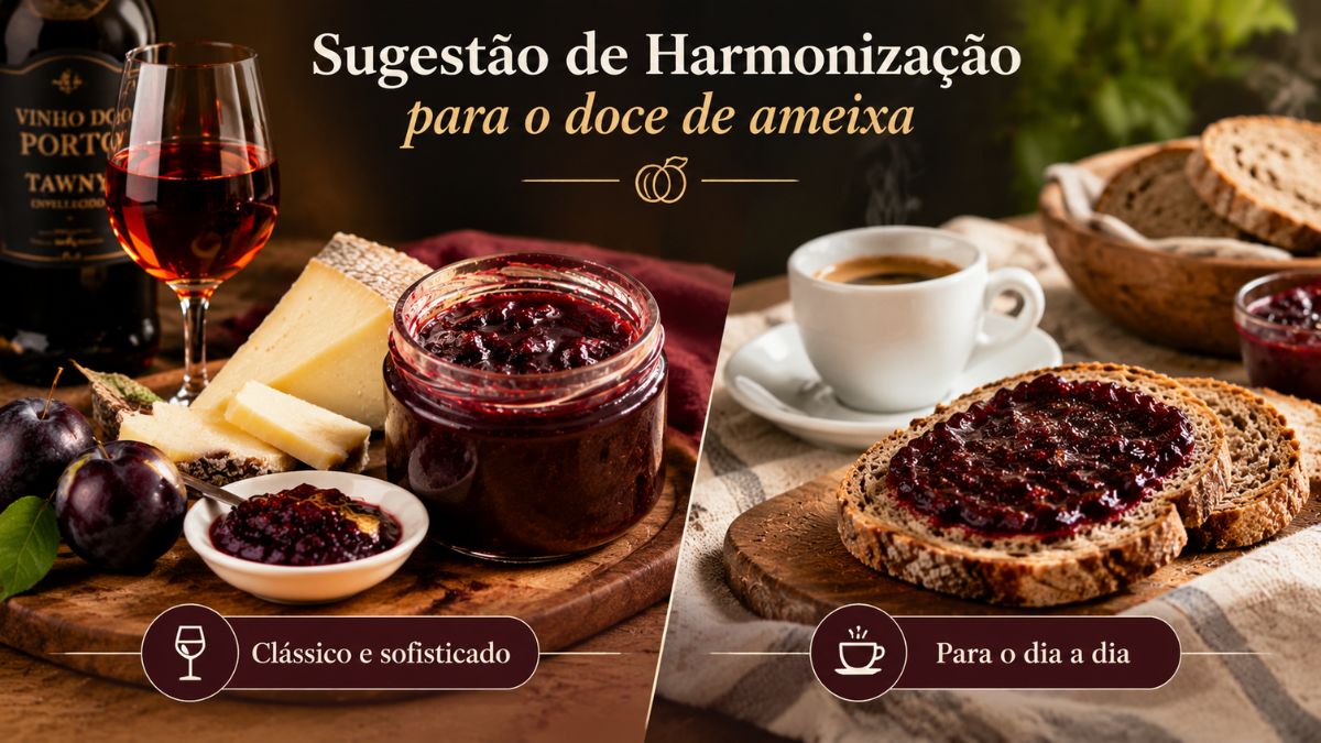 Infografia dividida em duas sugestões de harmonização de doce de ameixa, mostrando à esquerda queijo curado com vinho do Porto e à direita pão artesanal barrado com café.