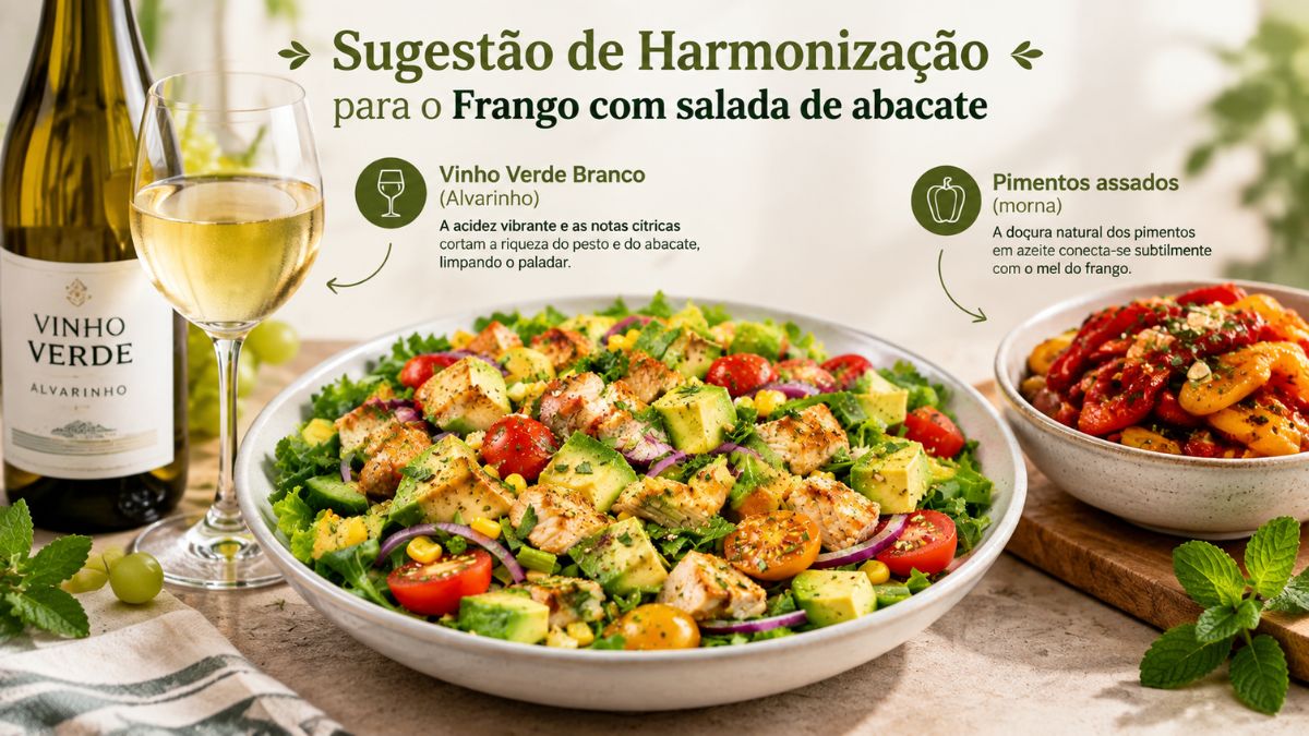 Infográfico com sugestão de harmonização para frango com salada de abacate, mostrando uma garrafa de vinho verde alvarinho e uma tigela de pimentos assados.
