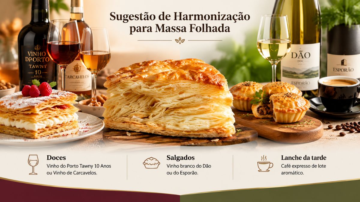 Guia visual de harmonização para massa folhada com opções de doces, salgados, vinhos do Porto, Carcavelos, Dão, Esporão e café.