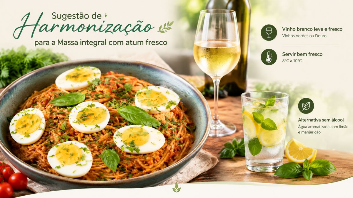 Infográfico com massa integral com atum fresco acompanhada por um copo de vinho branco fresco e água aromatizada com limão.