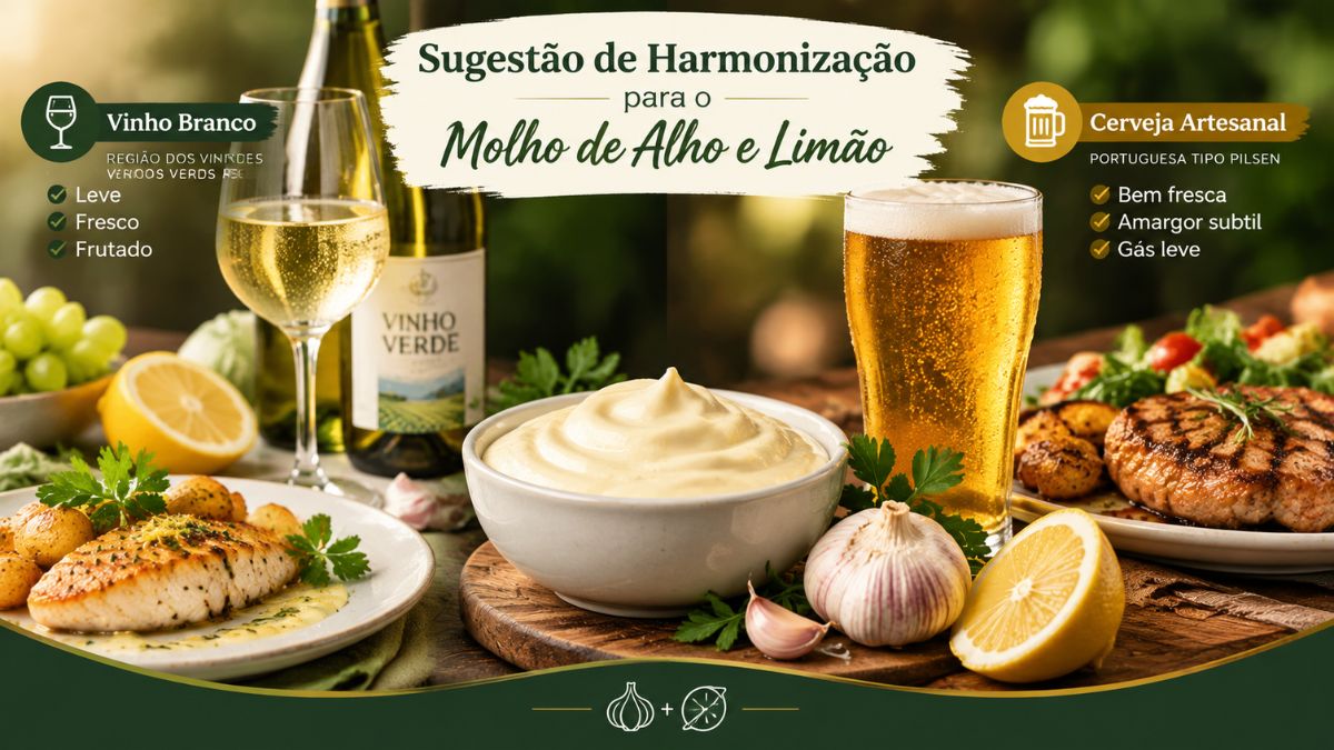 Infográfico com sugestões de harmonização para molho de alho e limão, mostrando um copo de vinho branco e uma caneca de cerveja artesanal.