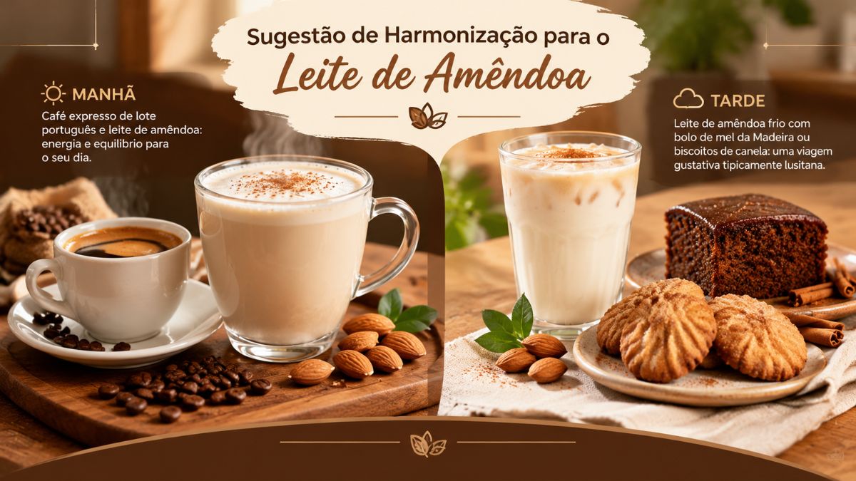 Infográfico com sugestões de harmonização para leite de amêndoa, mostrando café expresso de manhã e leite de amêndoa frio com bolo de mel e biscoitos à tarde.