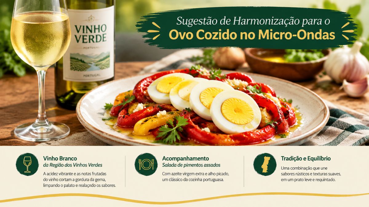 Prato com fatias de ovo cozido e salada de pimentos assados ao lado de um copo e garrafa de vinho verde.