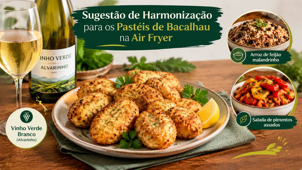 Infográfico explicativo sobre harmonização de pastéis de bacalhau na air fryer, destacando uma garrafa de vinho verde alvarinho com copo cheio, uma taça com pastéis dourados e opções de acompanhamento como arroz de feijão malandrinho e salada de pimentos assados.