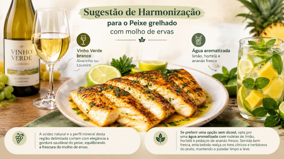 Infográfico explicativo sobre a harmonização para peixe grelhado com molho de ervas. Apresenta o prato principal ao centro, uma garrafa e copo de Vinho Verde branco Alvarinho à esquerda e um copo de água aromatizada com limão, hortelã e ananás à direita.