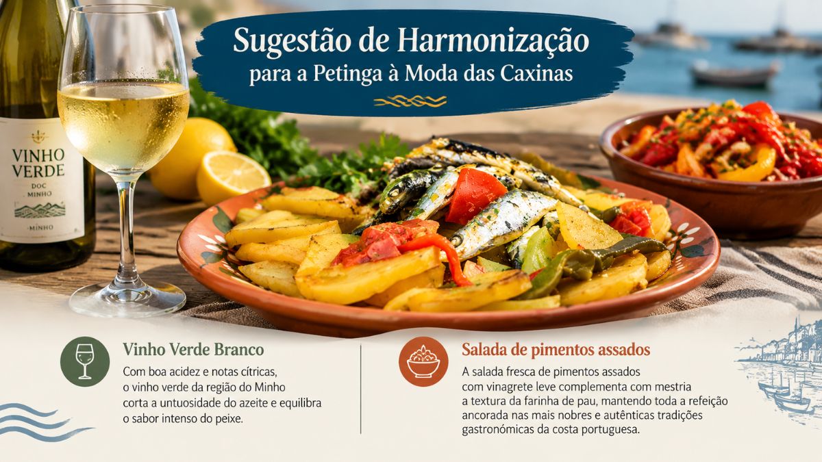 Infográfico de harmonização gastronómica com petinga à moda das Caxinas, copo de vinho verde branco do Minho e salada de pimentos assados.