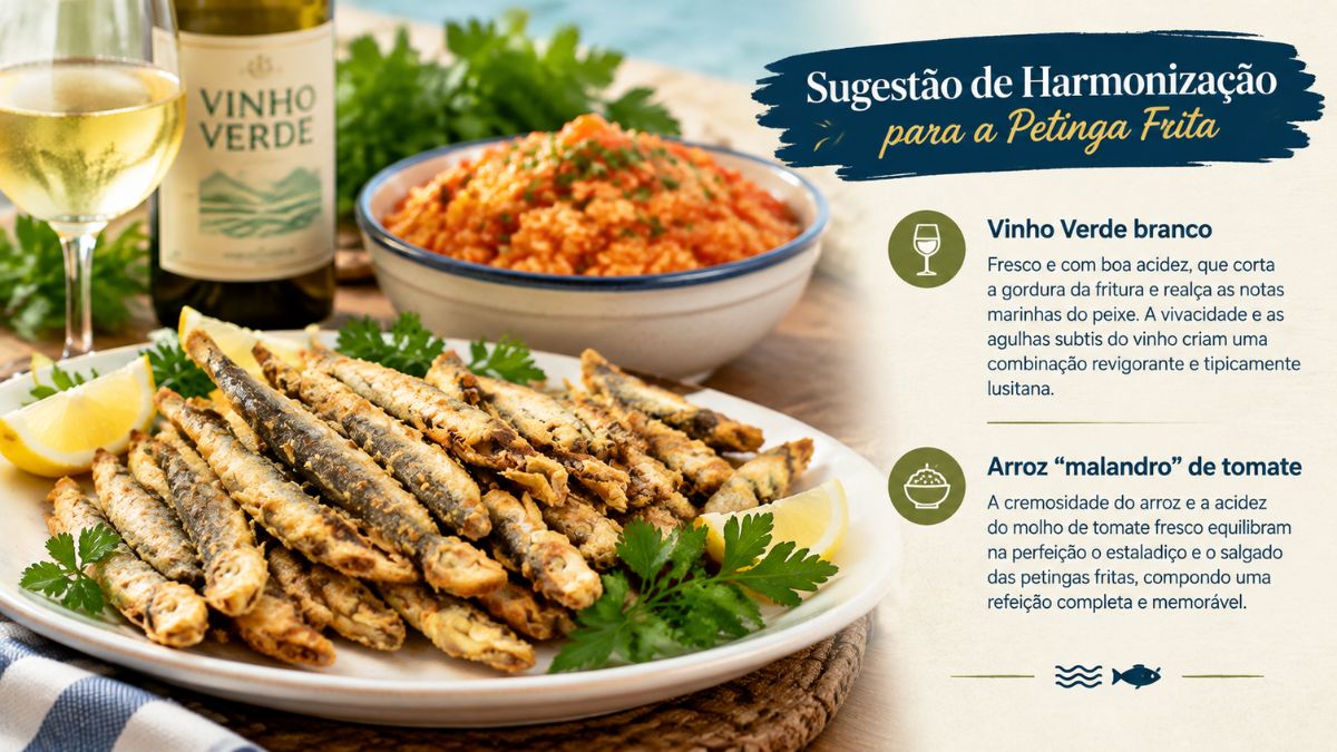 Prato de petinga frita dourada acompanhado por uma garrafa de vinho verde branco e uma taça ao lado de uma taça de arroz de tomate.