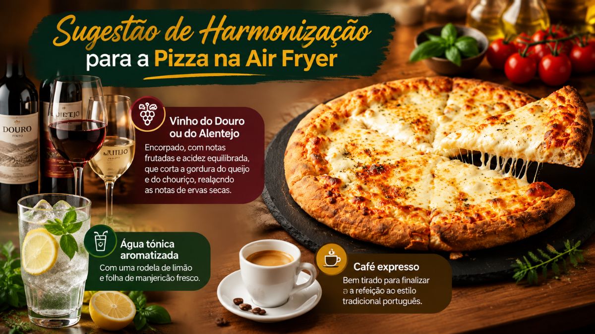 Um gráfico informativo que apresenta sugestões de harmonização de bebidas para acompanhar uma pizza de queijo derretido cozinhada numa air fryer. A imagem mostra uma pizza artesanal crocante ao lado de uma garrafa e taça de vinho tinto do Douro ou Alentejo, um copo de água tónica aromatizada com limão e manjericão, e uma chávena de café expresso. O fundo é de madeira rústica com ingredientes frescos como tomate e manjericão.