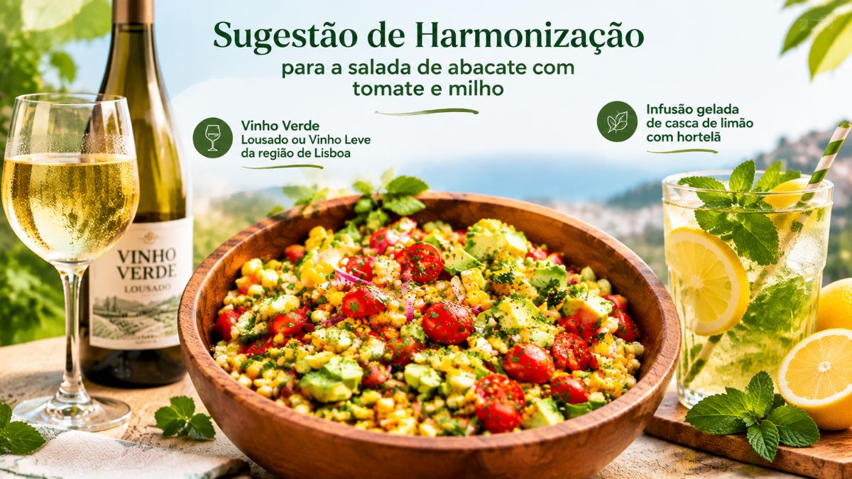 Taça de madeira com salada de abacate, tomate e milho acompanhada por garrafa e copo de Vinho Verde e infusão gelada de limão com hortelã.