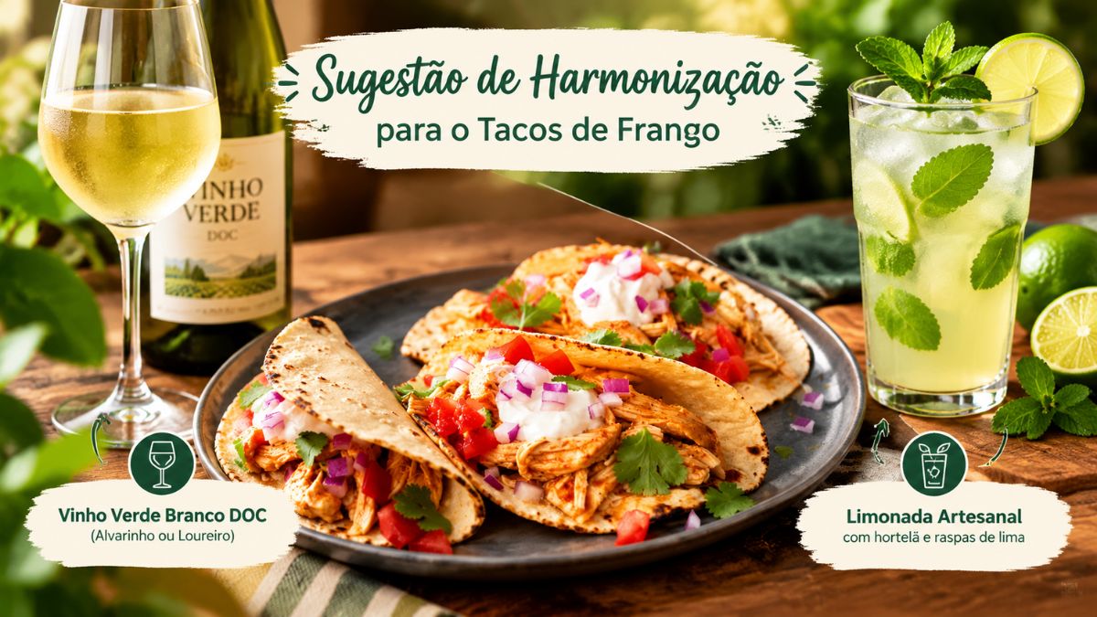 Prato de tacos de frango acompanhado por um copo de vinho verde branco DOC e um copo de limonada artesanal refrescante.