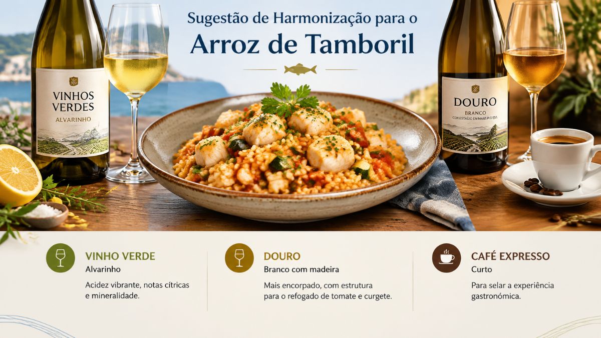 Infográfico ilustrativo com sugestão de harmonização para arroz de tamboril. Ao centro destaca-se um prato de arroz de tamboril e camarão com coentros frescos. À esquerda está uma garrafa e um copo de Vinho Verde Alvarinho acompanhado por meio limão. À direita encontra-se uma garrafa e um copo de vinho branco do Douro com estágio em madeira e uma chávena de café expresso curto. A parte inferior exibe três secções explicativas com ícones informativos sobre cada bebida.