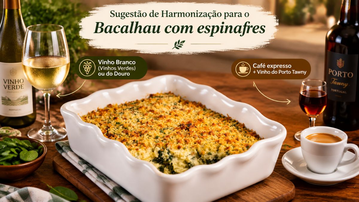 Infográfico com sugestões de harmonização para bacalhau com espinafres: garrafa de Vinho Verde branco e garrafa de Vinho do Porto Tawny com café expresso.
