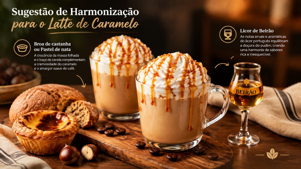 Uma imagem promocional com um copo de latte de caramelo com chantilly e calda, ao lado de um Pastel de Nata e bolos de castanha, e um cálice de Licor Beirão, com texto explicativo em português.