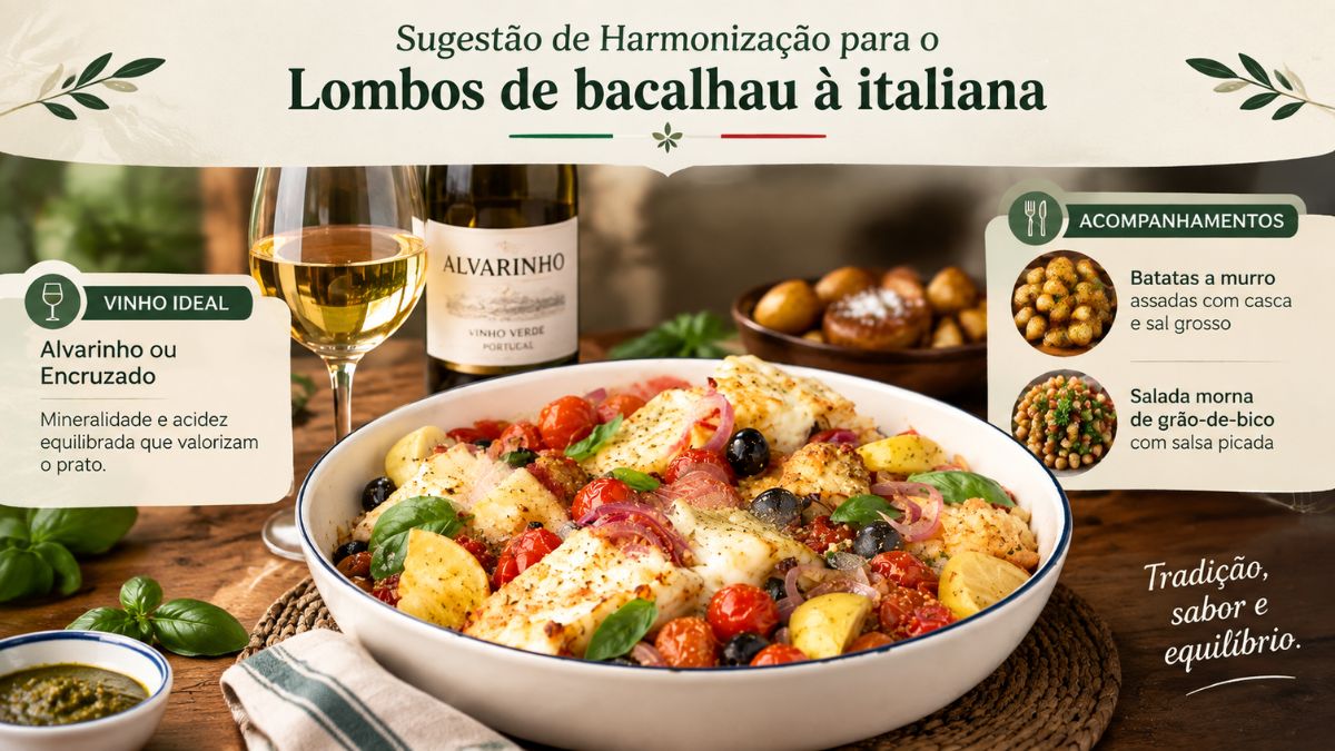 Uma imagem de um infográfico culinário focado em sugestões de harmonização para o prato Lombos de bacalhau à italiana.
