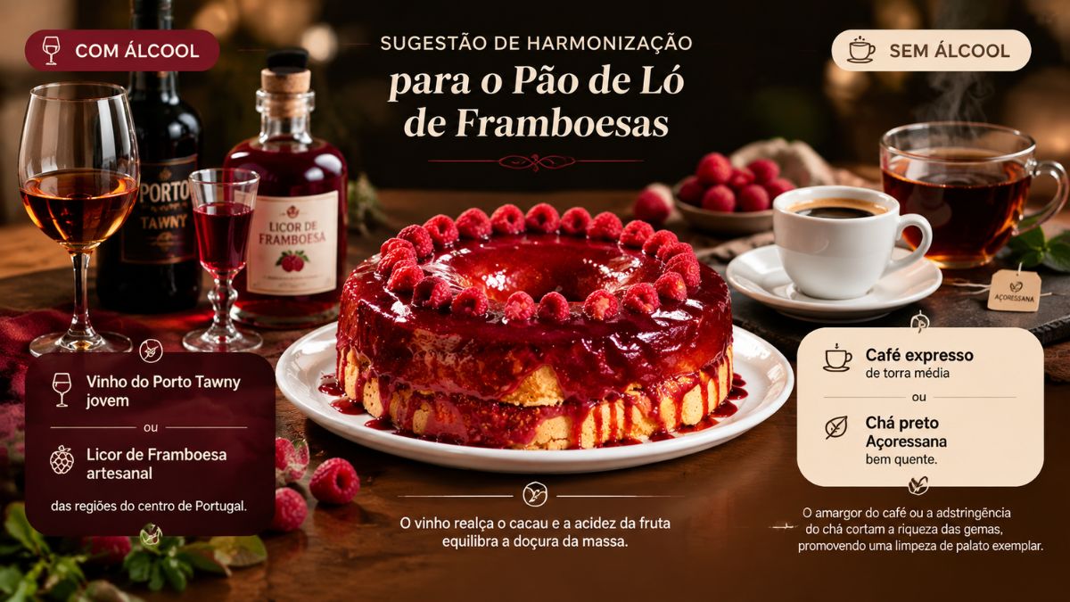 Infográfico culinário sobre harmonização de bebidas para um bolo pão de ló de framboesas. O bolo está no centro com calda vermelha brilhante. À esquerda, opções com álcool: Vinho do Porto Tawny jovem e Licor de Framboesa artesanal, com garrafas e taças. À direita, opções sem álcool: Café expresso e Chá preto Açoressana, com xícara e chá. Textos explicativos em blocos flutuantes.