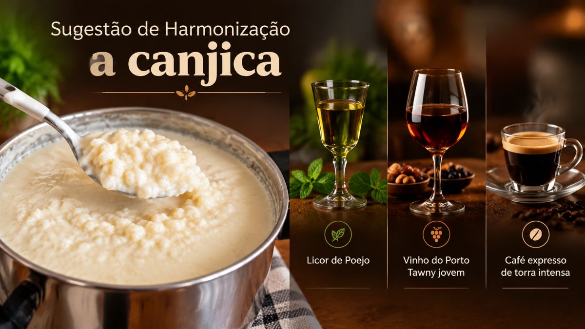 Uma imagem composta dividida verticalmente, mostrando à esquerda uma panela de canjica branca cremosa com uma colher. À direita, três opções de bebidas para harmonização, identificadas da esquerda para a direita como Licor de Poejo num copo pequeno de haste, Vinho do Porto Tawny jovem num copo de vinho tinto com nozes e bagas secas e Café expresso de torra intensa numa chávena de vidro em cima de grãos de café.