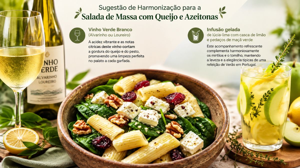 Infográfico com salada de massa rigatoni, queijo feta e nozes ao centro, ladeada por garrafa de Vinho Verde Alvarinho e copo de infusão gelada.