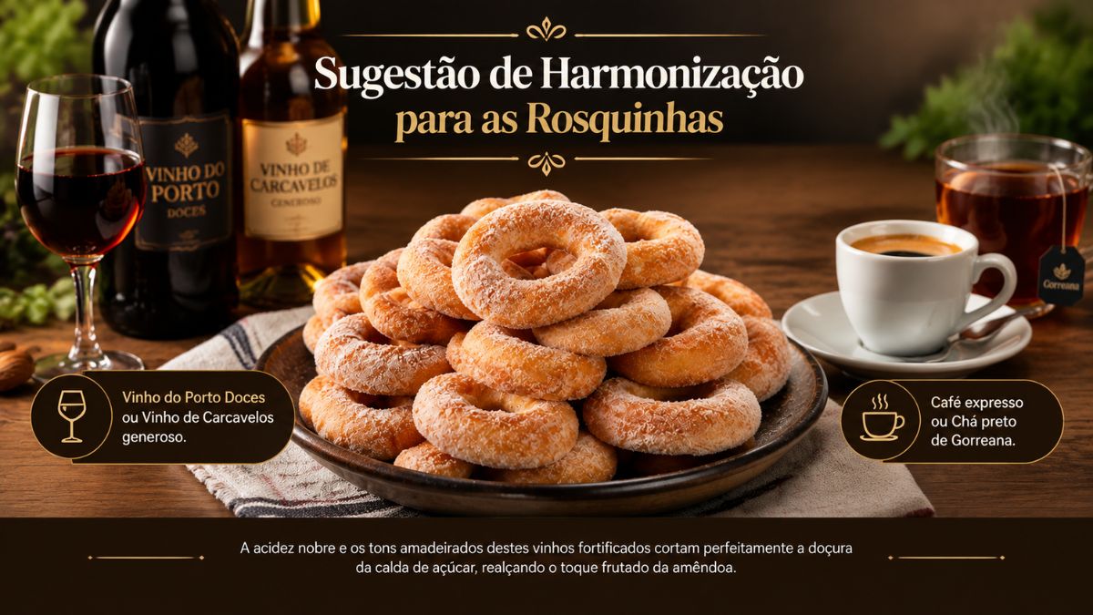 Uma pirâmide de rosquinhas de açúcar e canela em um prato central, ladeada por garrafas de Vinho do Porto e Vinho de Carcavelos à esquerda, e uma xícara de café e um copo de chá à direita.