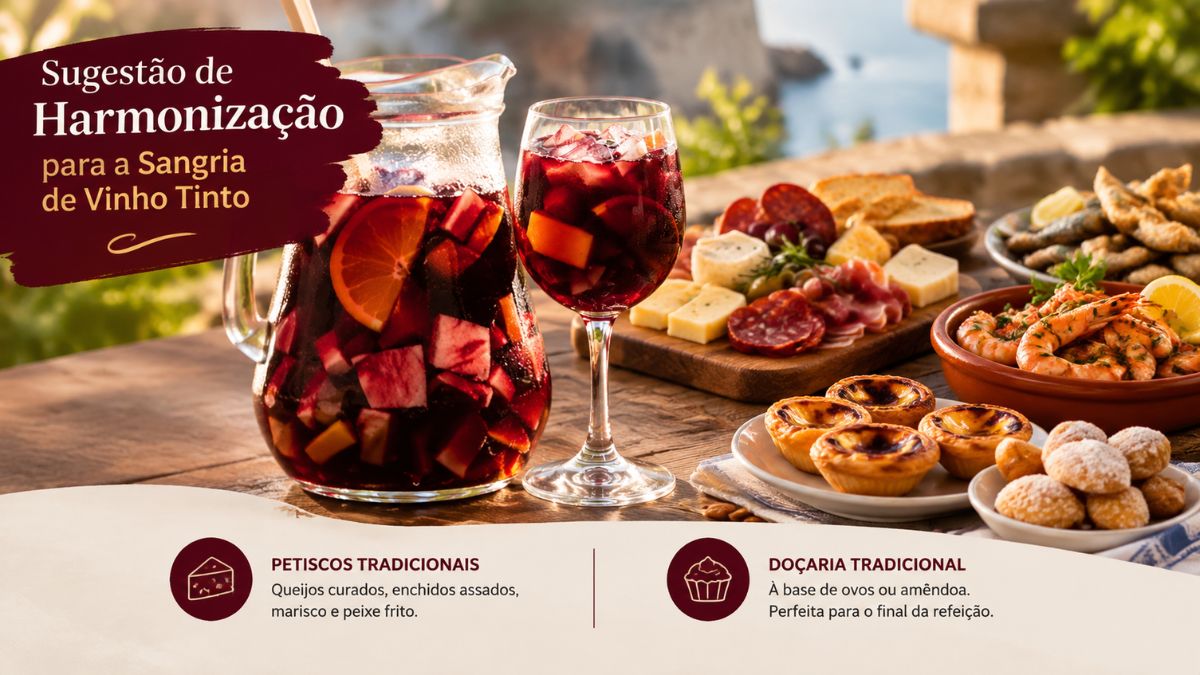 Infográfico mostrando um jarro e um copo de sangria de vinho tinto rodeados por tábuas de queijos curados, enchidos, camarão grelhado e pastéis de nata, com texto explicativo sobre harmonização.