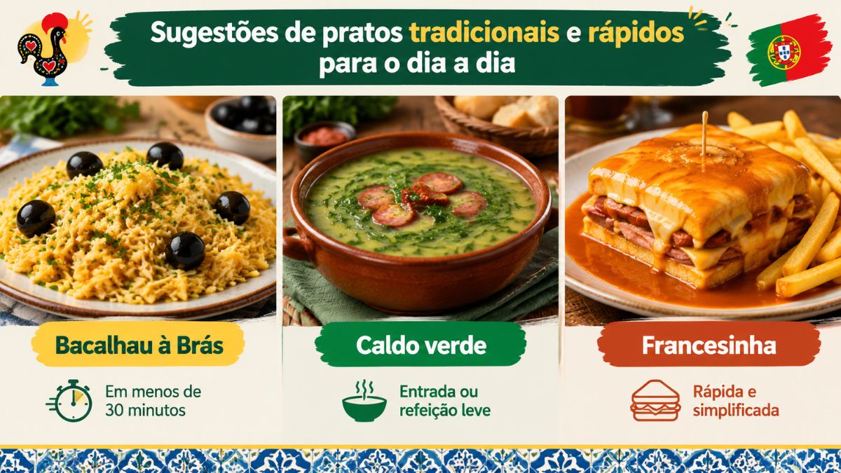 Infográfico com três refeições rápidas da gastronomia de Portugal incluindo bacalhau à Brás, caldo verde e francesinha com batatas fritas para o jantar.