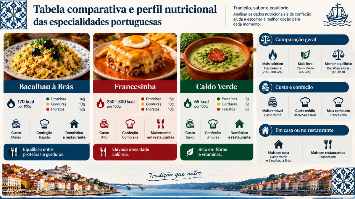 Infográfico com tabela comparativa do perfil nutricional do Bacalhau à Brás, Francesinha e Caldo Verde com calorias e macronutrientes.