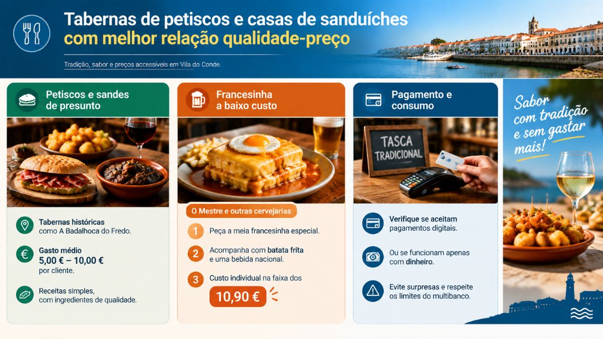 Infográfico sobre tabernas de petiscos e sanduíches em Vila do Conde mostrando francesinhas, petiscos tradicionais e opções de pagamento.