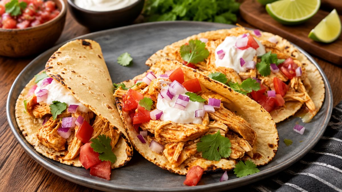 Prato com três tacos de frango desfiado temperado, cobertos com molho cremoso, tomates picados, cebola roxa e coentros frescos.