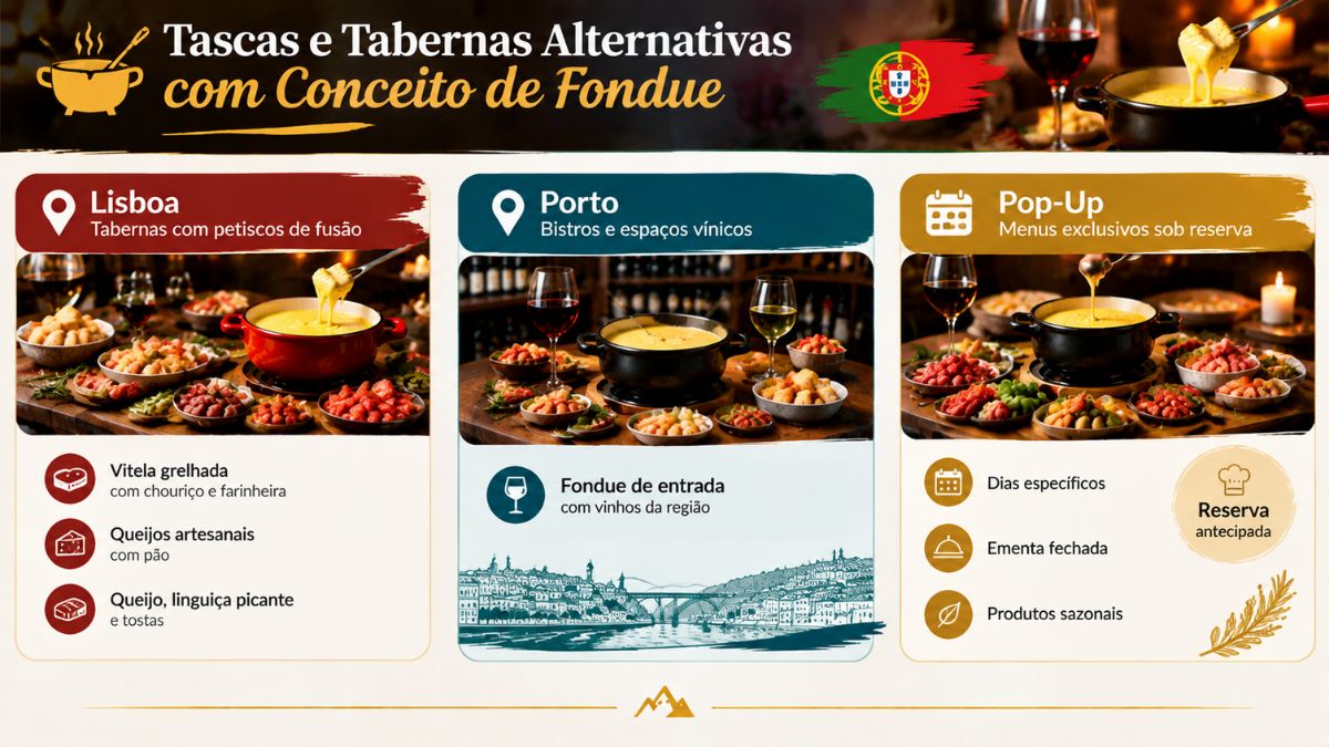 Infográfico informativo sobre tascas, tabernas e bistros em Lisboa, Porto e eventos pop-up que oferecem opções alternativas de fondue.
