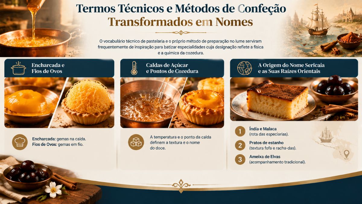 Infográfico sobre métodos de confeção da doçaria portuguesa com fotos de Encharcada, Fios de Ovos, caldas de açúcar em ponto e Sericaia alentejana com Ameixas de Elvas.