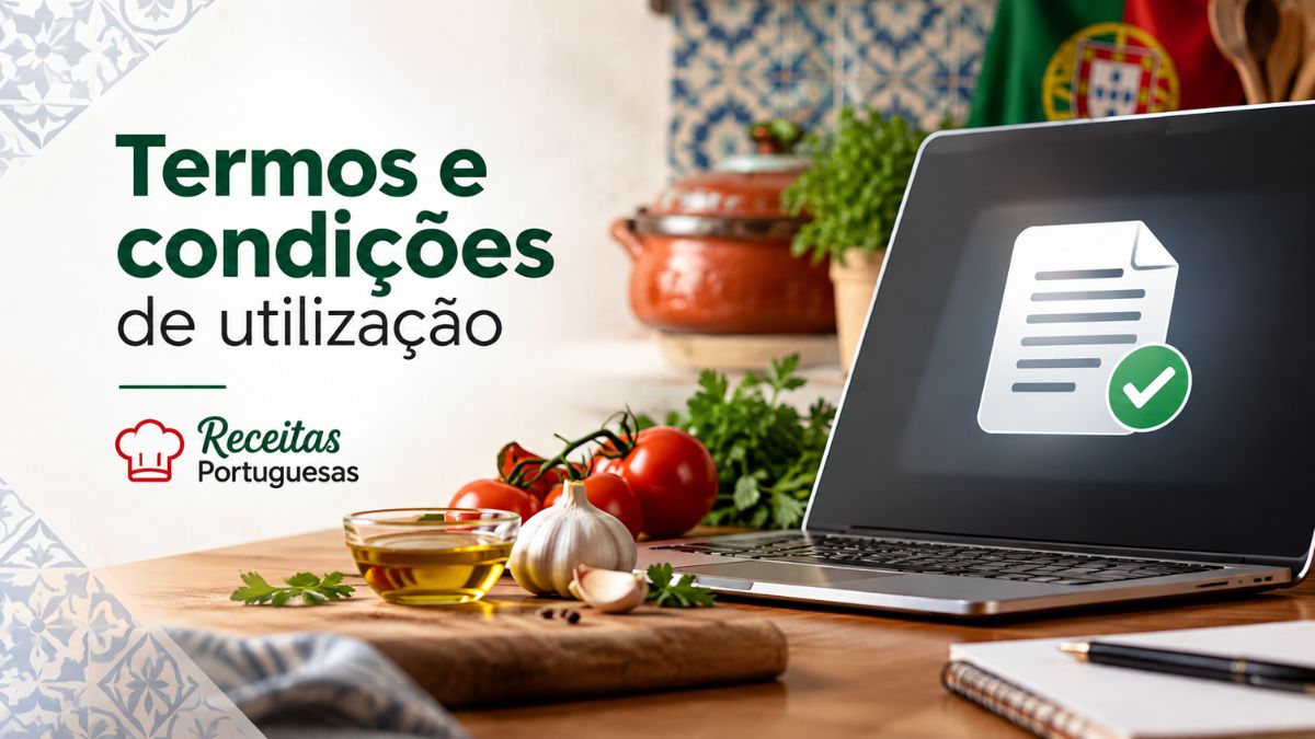 Computador portátil exibindo um ícone de documento com marca de verificação ao lado da frase termos e condições de utilização com o logótipo Receitas Portuguesas.