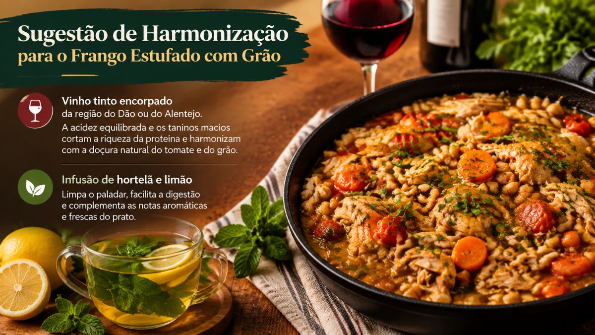 Infográfico de harmonização para frango estufado com grão com sugestões de vinho tinto do Dão ou Alentejo e infusão de hortelã e limão.