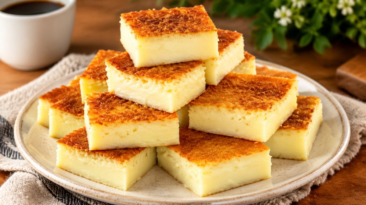 Fatias quadradas de Toucinho do Céu empilhadas num prato de cerâmica com topo dourado e textura húmida.