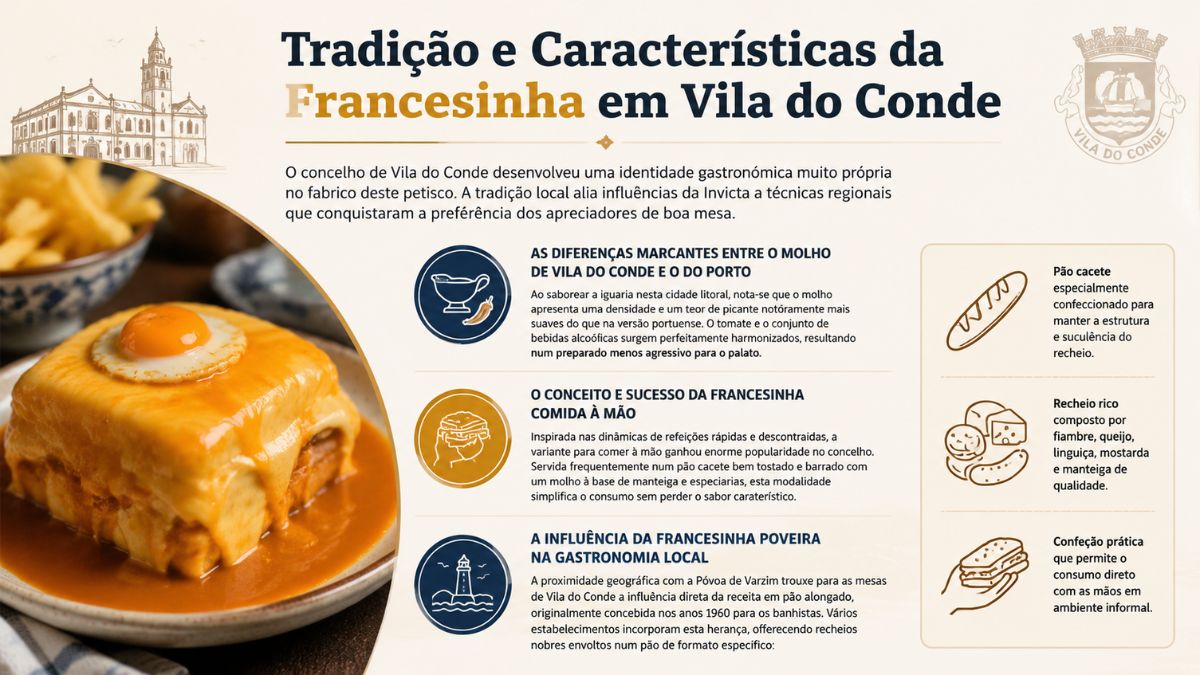 Infográfico explicativo sobre a tradição e características da francesinha em Vila do Conde com destaque para o molho e variações em pão cacete.